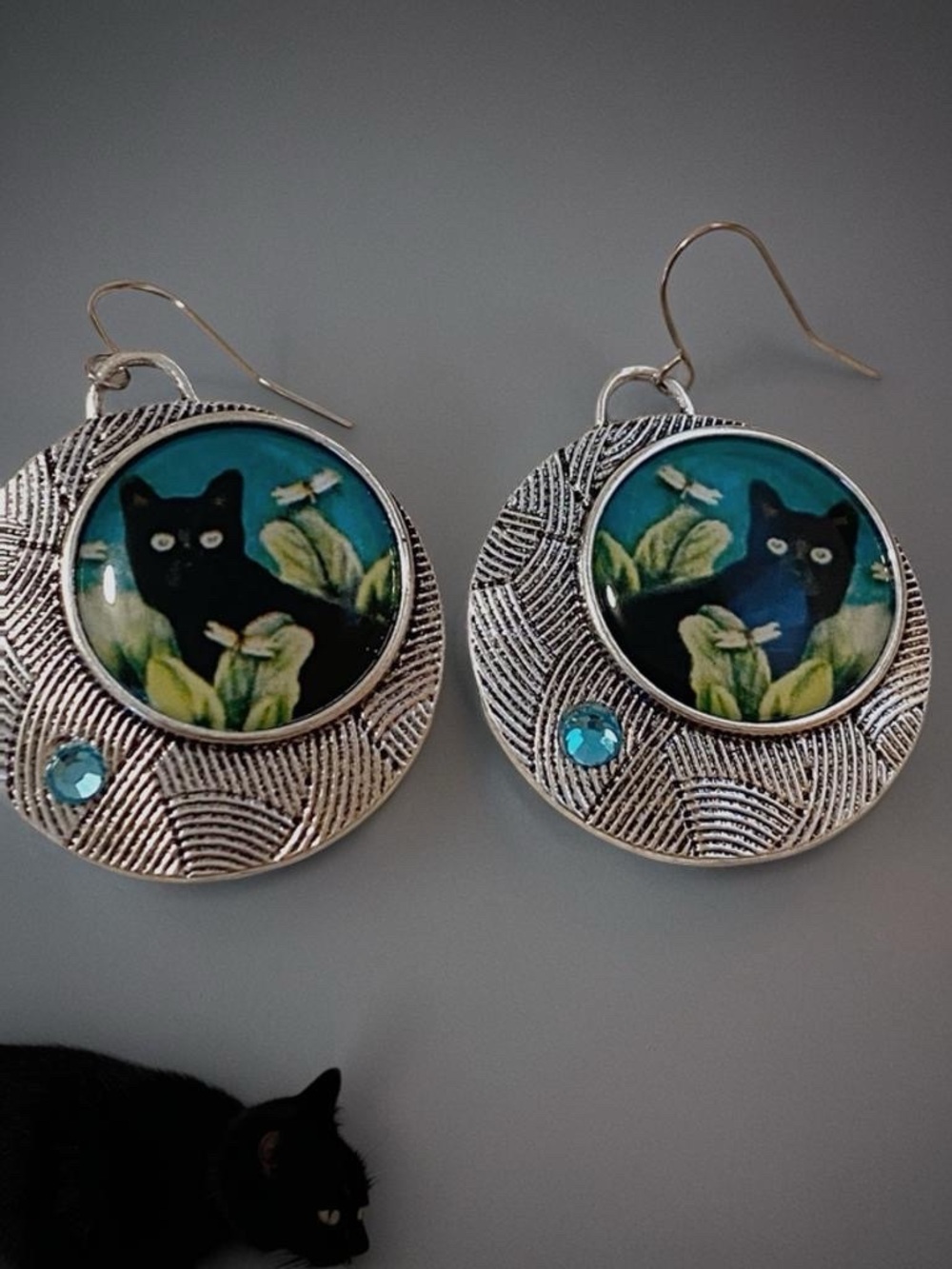 Fun Silver-Tone Black Cat Drop Earrings with Teal Accents New